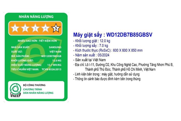 Máy Giặt Sấy Samsung Bespoke Inverter Giặt 12 Kg - Sấy 7 Kg WD12DB7B85GBSV, Mẫu Mới