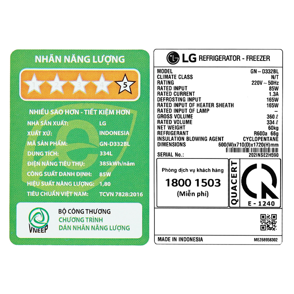 Tủ Lạnh LG Inverter 334 Lít GN-D332BL